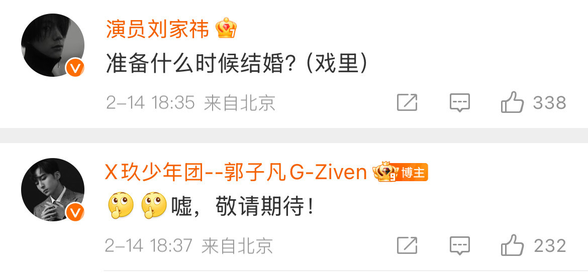 啊啊啊啊啊“什么时候结婚？（戏里）”“[嘘]嘘，敬请期待！”“你和gjc结婚”郭