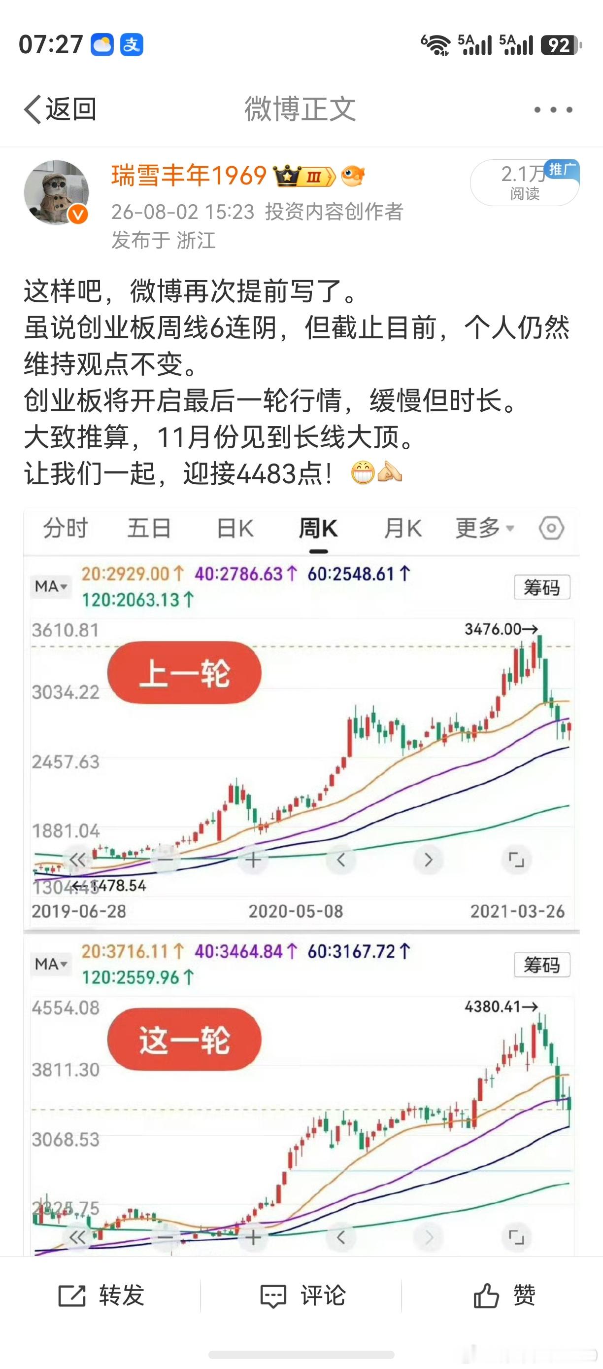 认为创业板能奔向4483点，请扣1。认为创业板不能奔向4483点，请扣2。大家动