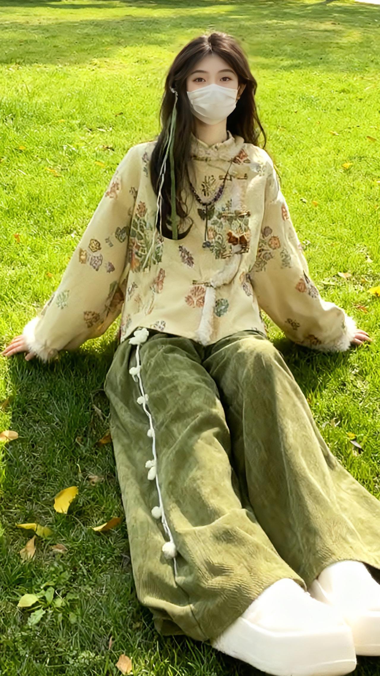🍂 把桂花味的秋天穿在身上，毛绒边的国风上衣配灯芯绒裤，往草坪上一坐，连风都带