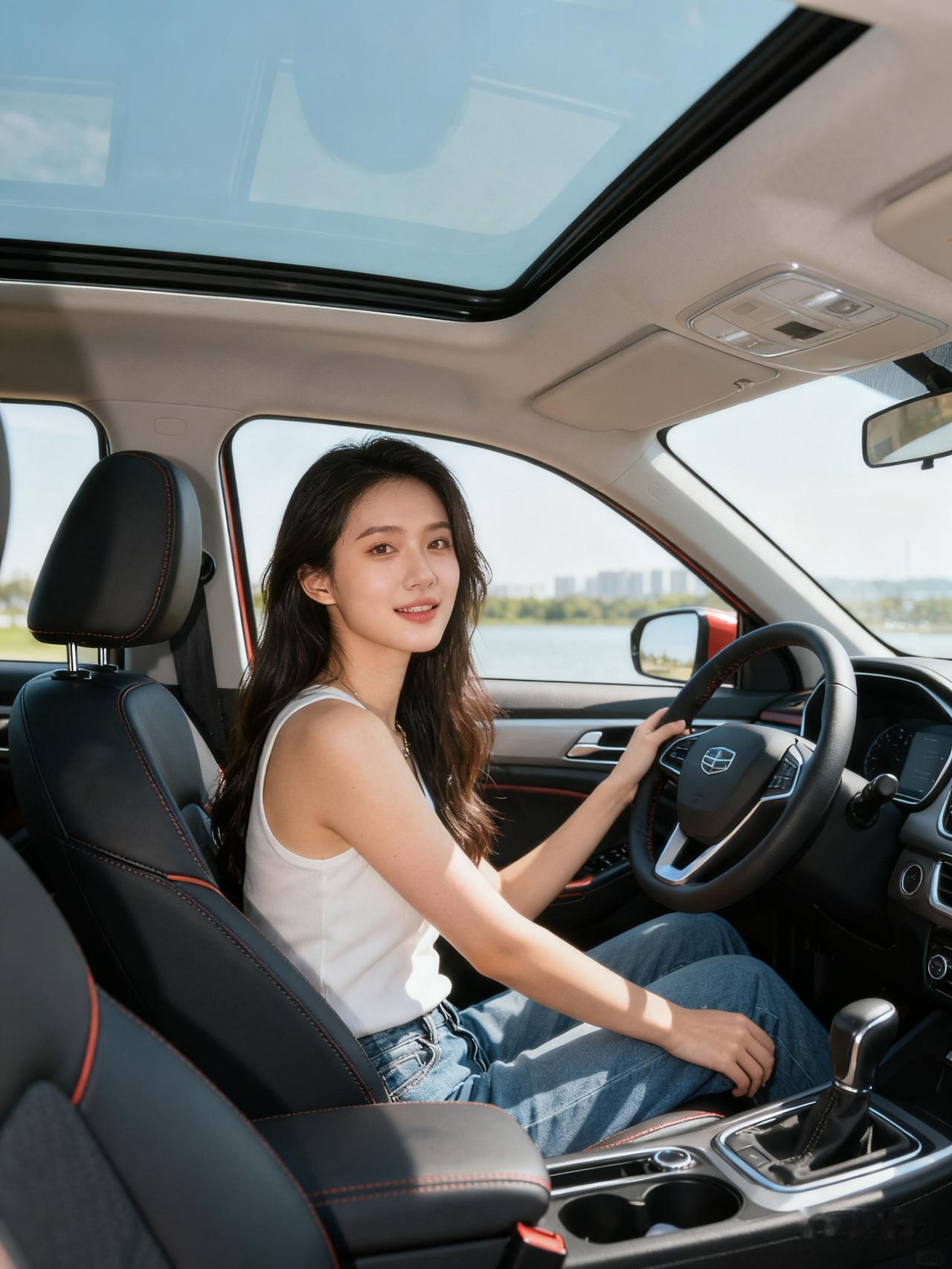 车中美人笑，湖畔风景好。