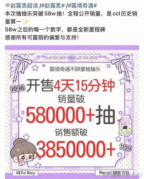 赵露思ccl破58w抽，销售额达385w+，ccl历史第一拿下！ 