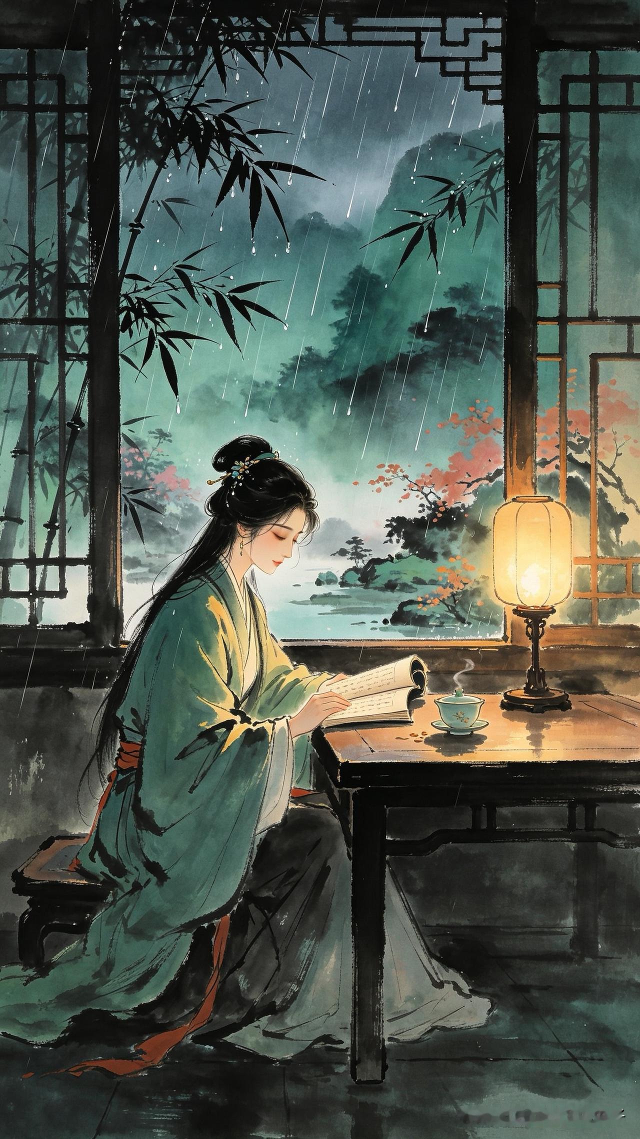 深宵听雨打窗迟，
半卷闲书半阕词。
忽忆日间茶半盏，
     
…………请师友