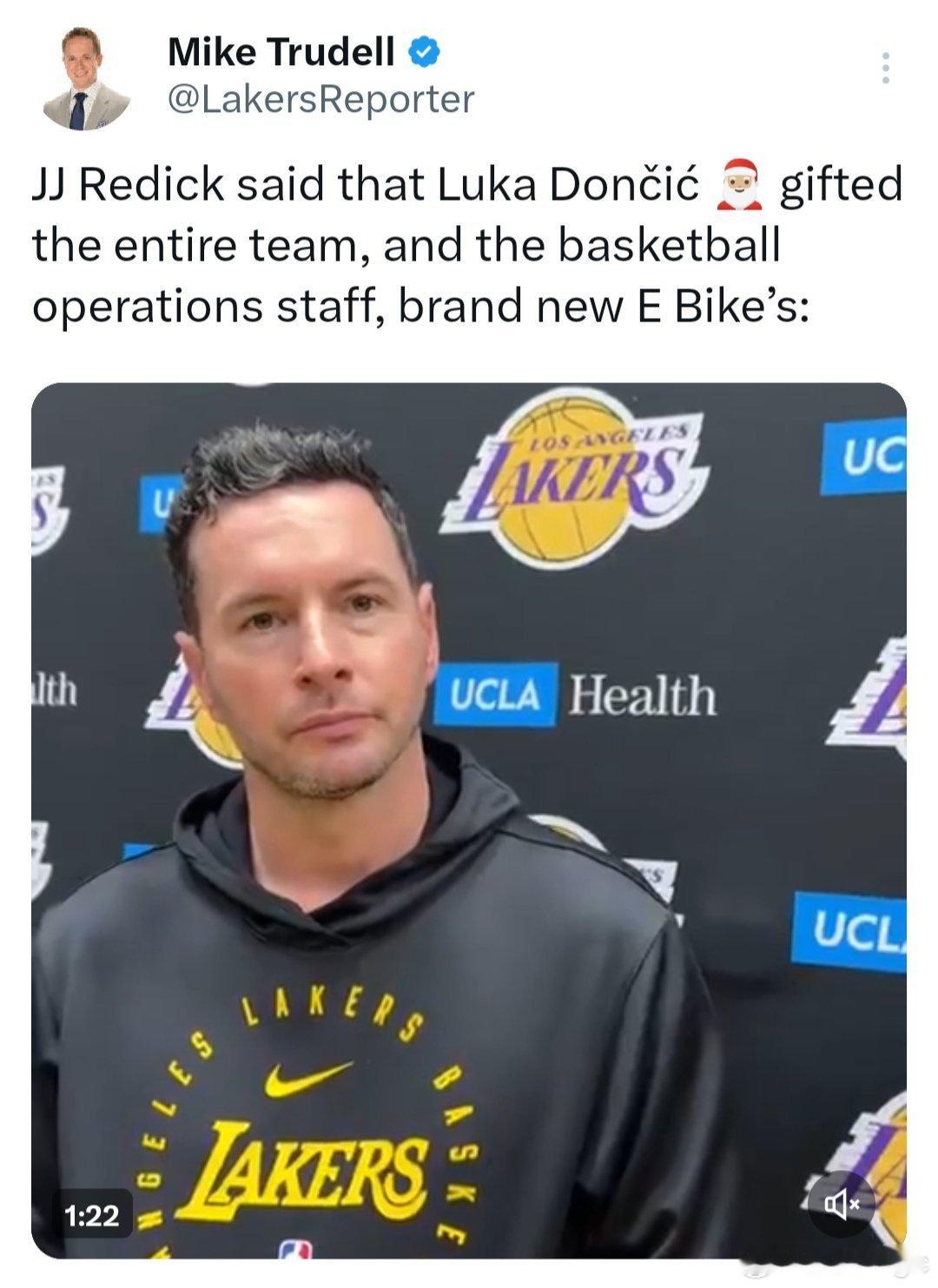 东契奇为湖人全队、所有教练和运营人员每人购买了一辆全新的电动自行车作为圣诞礼物?