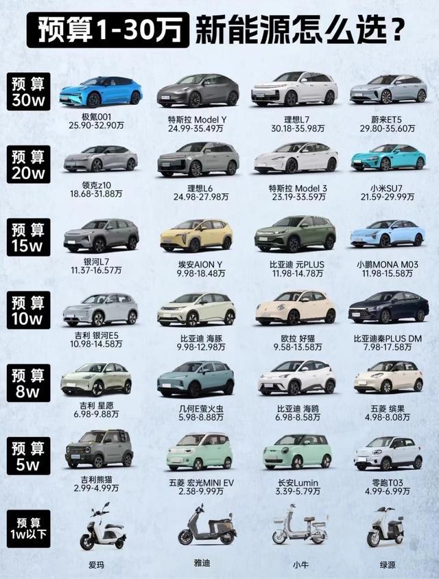 预算 1-30 万新能源怎么选？
从 1 万以下的电驴，到 30 万级的家用 /