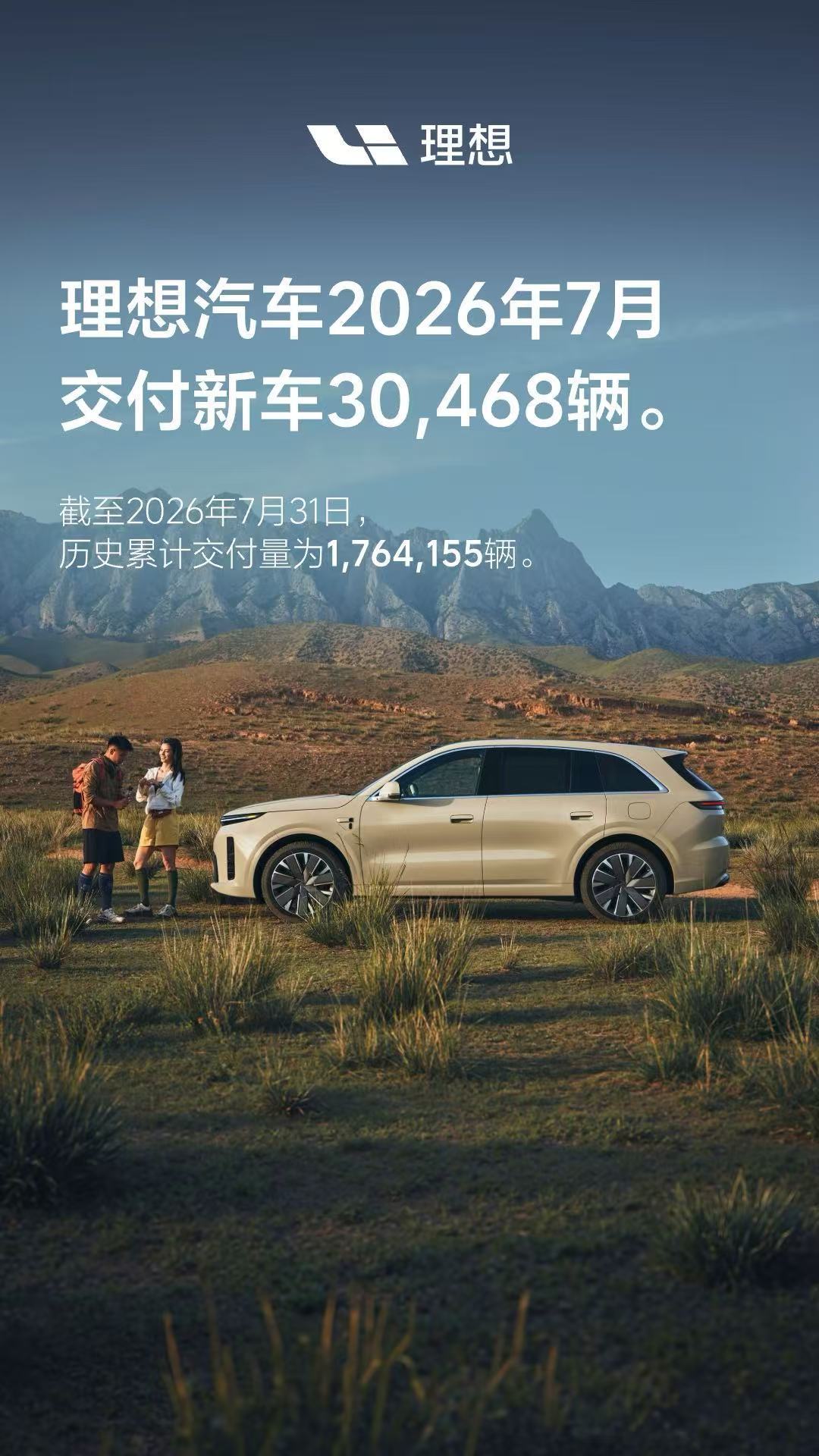 7月理想汽车交付新车30,468辆，理想汽车历史累计交付量为1,764,155辆