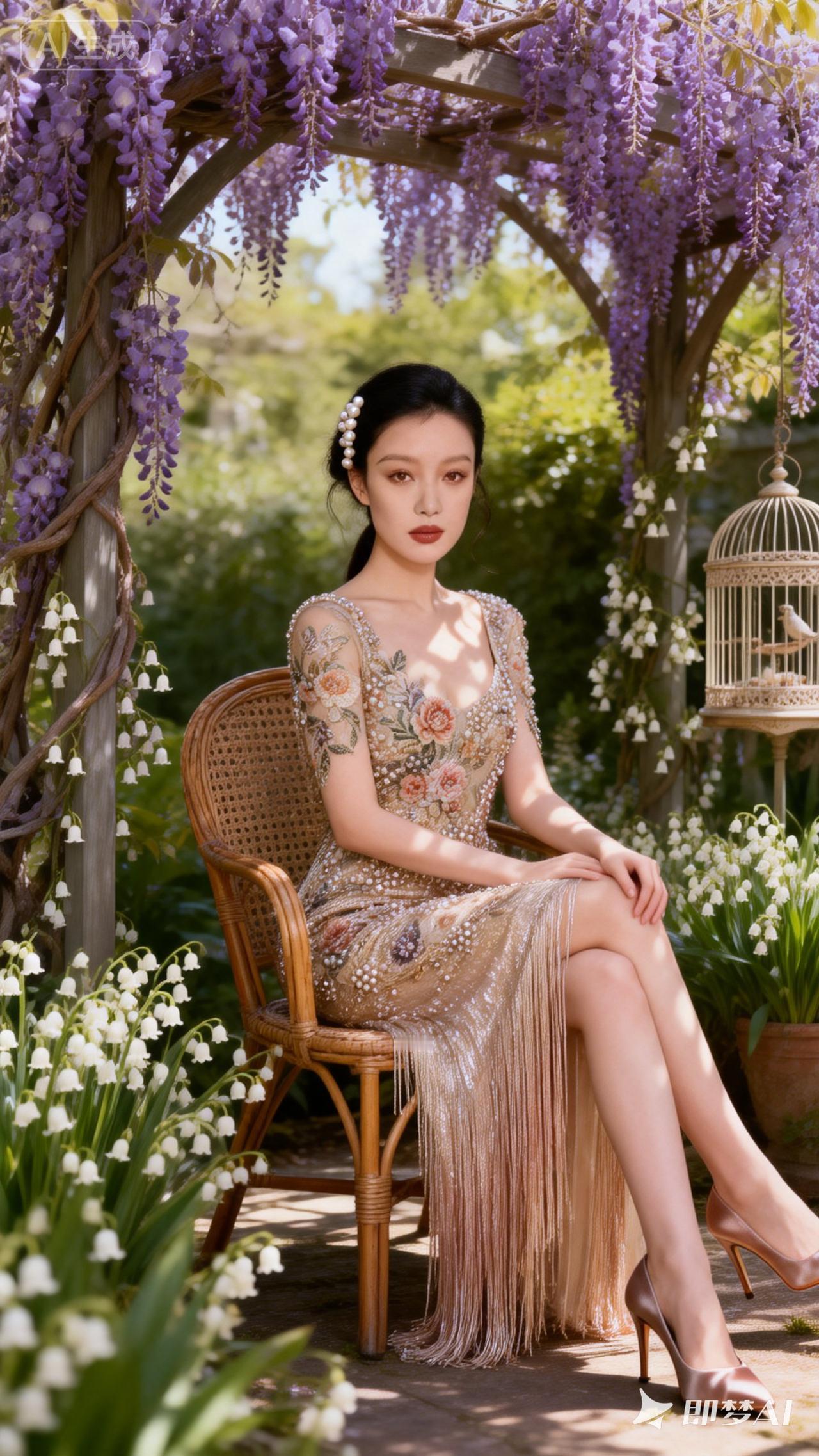 优雅花海中的迷人仙女，紫色藤蔓与白色雏菊相映成趣，仿佛置身童话世界。