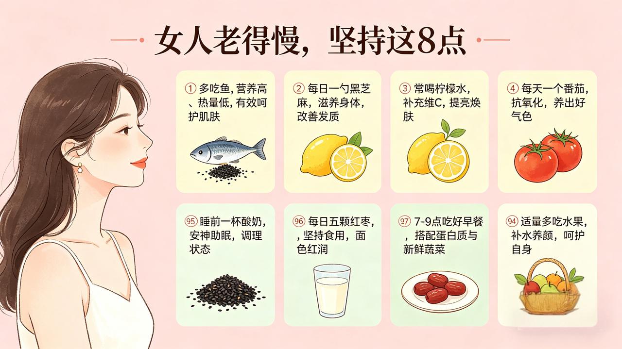 女人老得慢，坚持这8点！
 
① 多吃鱼，营养高、热量低，还能滋养肌肤！

② 
