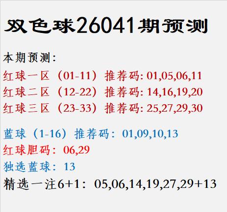 双色球26041期预测					
					
本期预测：					
红球一区（0