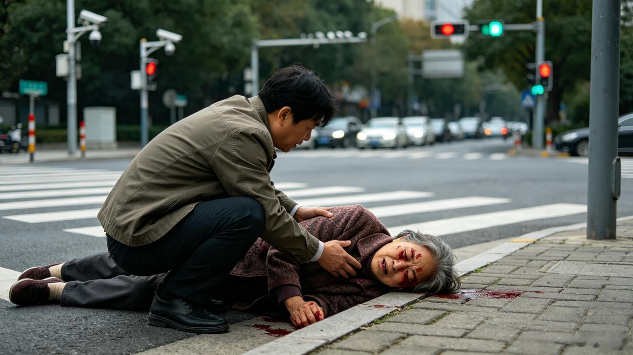 路口偶遇老人摔倒，有监控在心，伸手帮扶
 
刚在公园锻炼完，走到高庙路路口等红绿