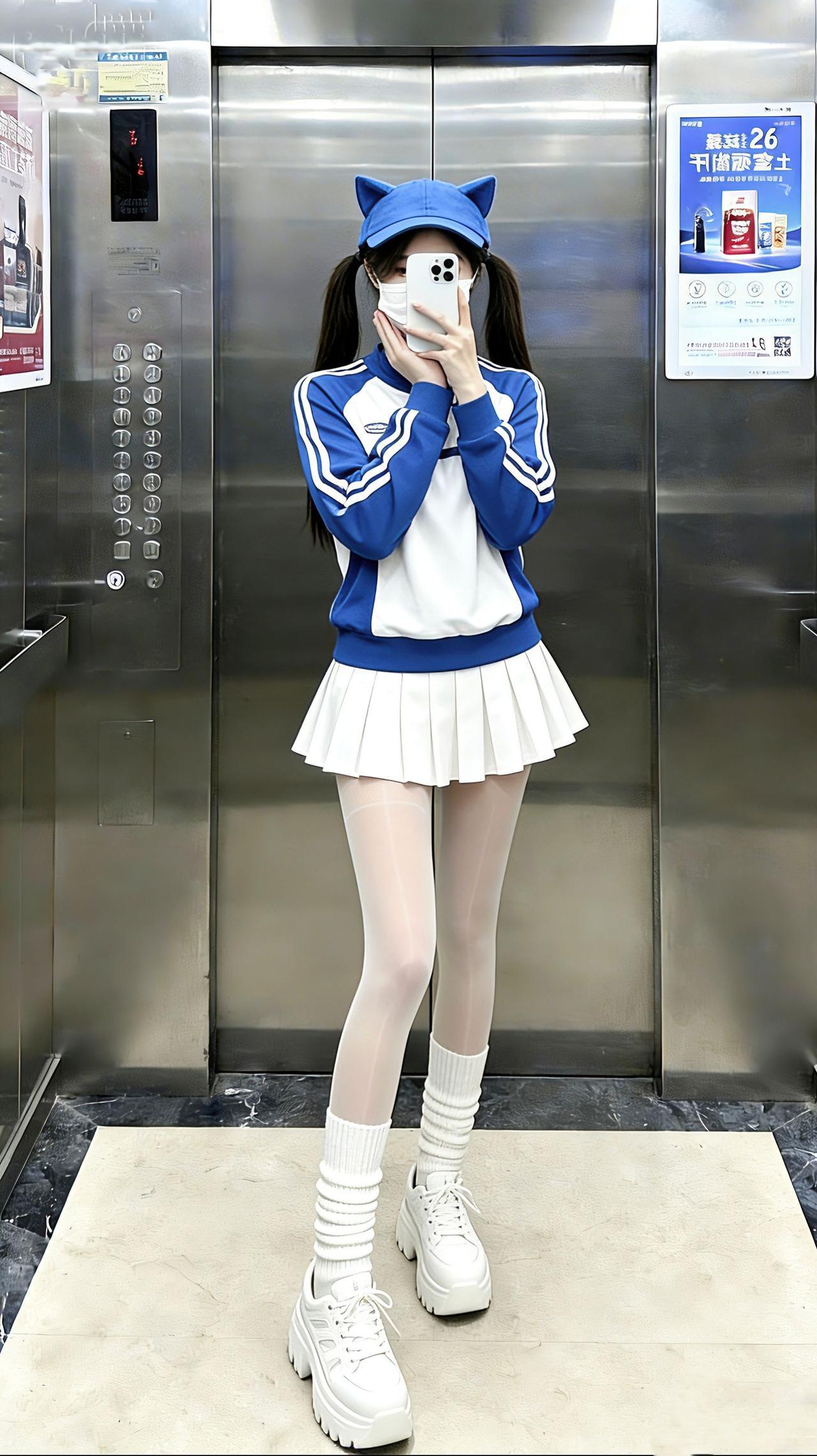 这种学院甜飒风你们爱了吗？蓝白棒球服裹着学院风的元气，百褶裙一摆又添了软萌的甜～