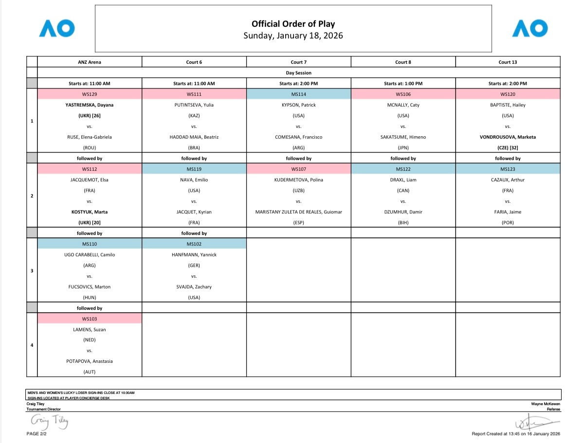 澳网2026 首日赛程📅澳网正赛周日挥拍，鲍里妮打响中心场揭幕战，萨巴伦卡坐镇