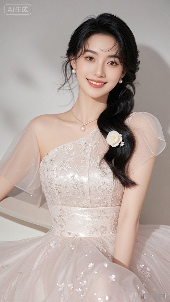 梦幻少女风，甜美笑容，优雅珍珠项链，浪漫花饰，温柔可人。