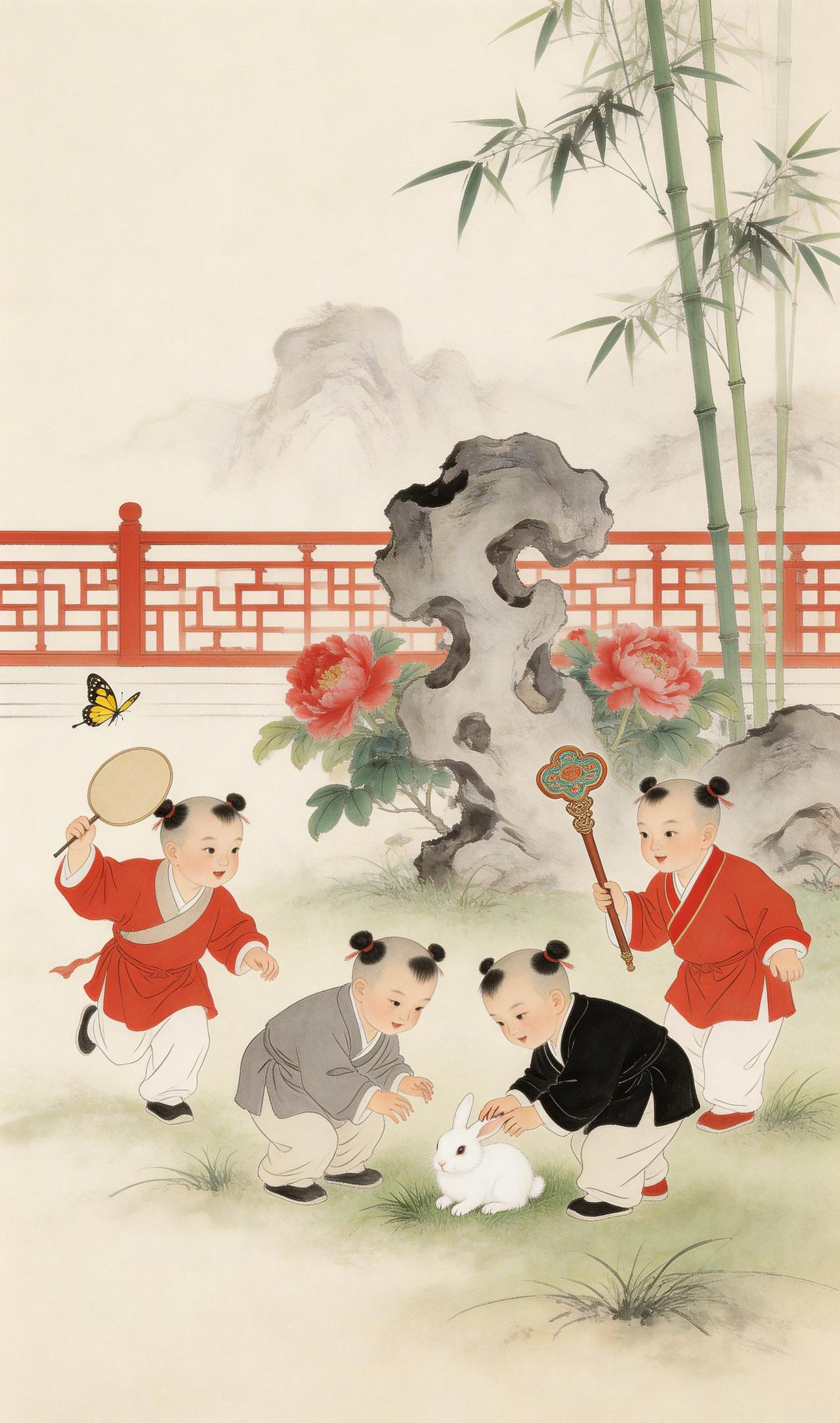 庭前稚子嬉春早，满院吉光映华年
竹影摇红，庭深岁暖。

这幅工笔小景里，藏着中国