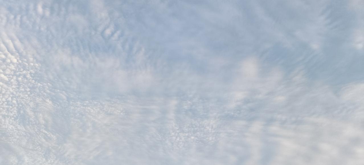 今天的天空云如一幅绝美的画卷。大朵大朵的白云像棉花糖一样，蓬松又柔软，随意地飘浮