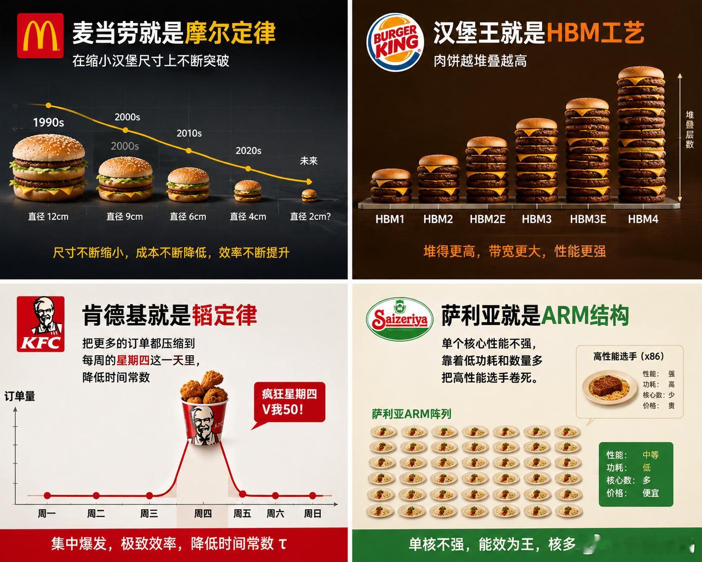 最近看过最有意思的类比：🍔 麦当劳 = 摩尔定律🍔 汉堡王 = HBM工艺?
