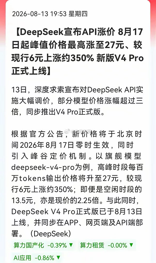 官宣！DeepSeek API暴涨350%，明天算力租赁要嗨？今晚 DeepSe