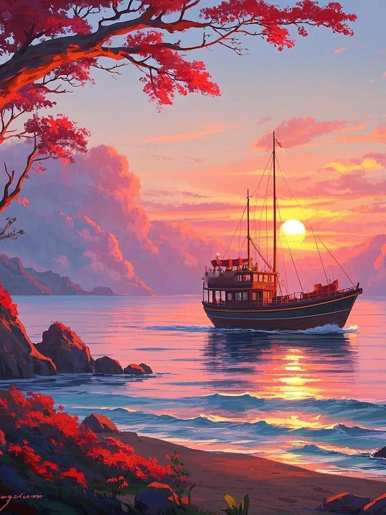  夕照落东海，归船载韵来。岸枝映红腮，水天同焕彩，奇景留痕心底埋。夕阳落慕晚霞红