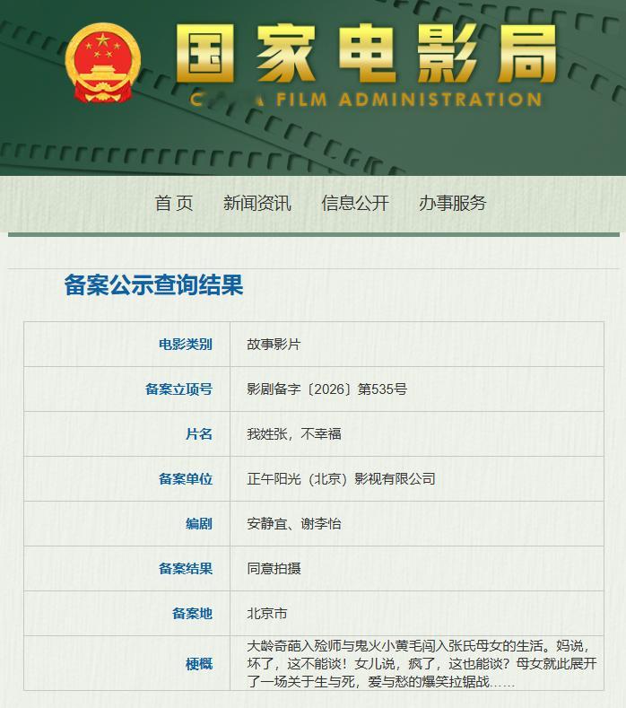 【正午阳光新片备案立项】电影我姓张不幸福备案 据国家电影局关于2026年3月下全