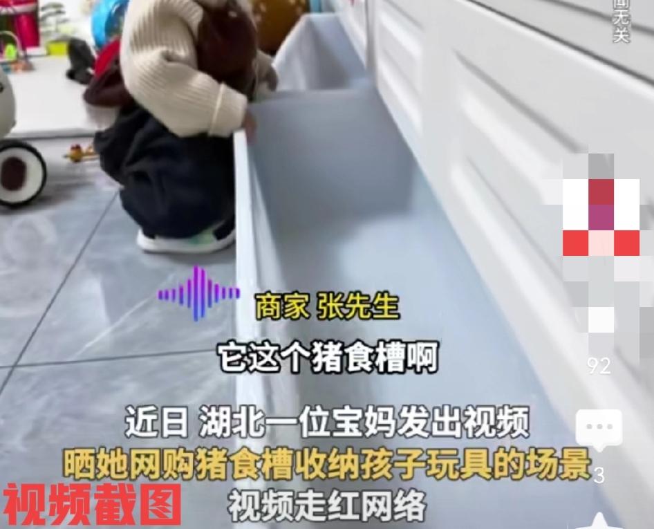 九零后宝妈网购猪食槽收纳孩子玩具。

没想到自己的无心之举却引发热议，原来在于众