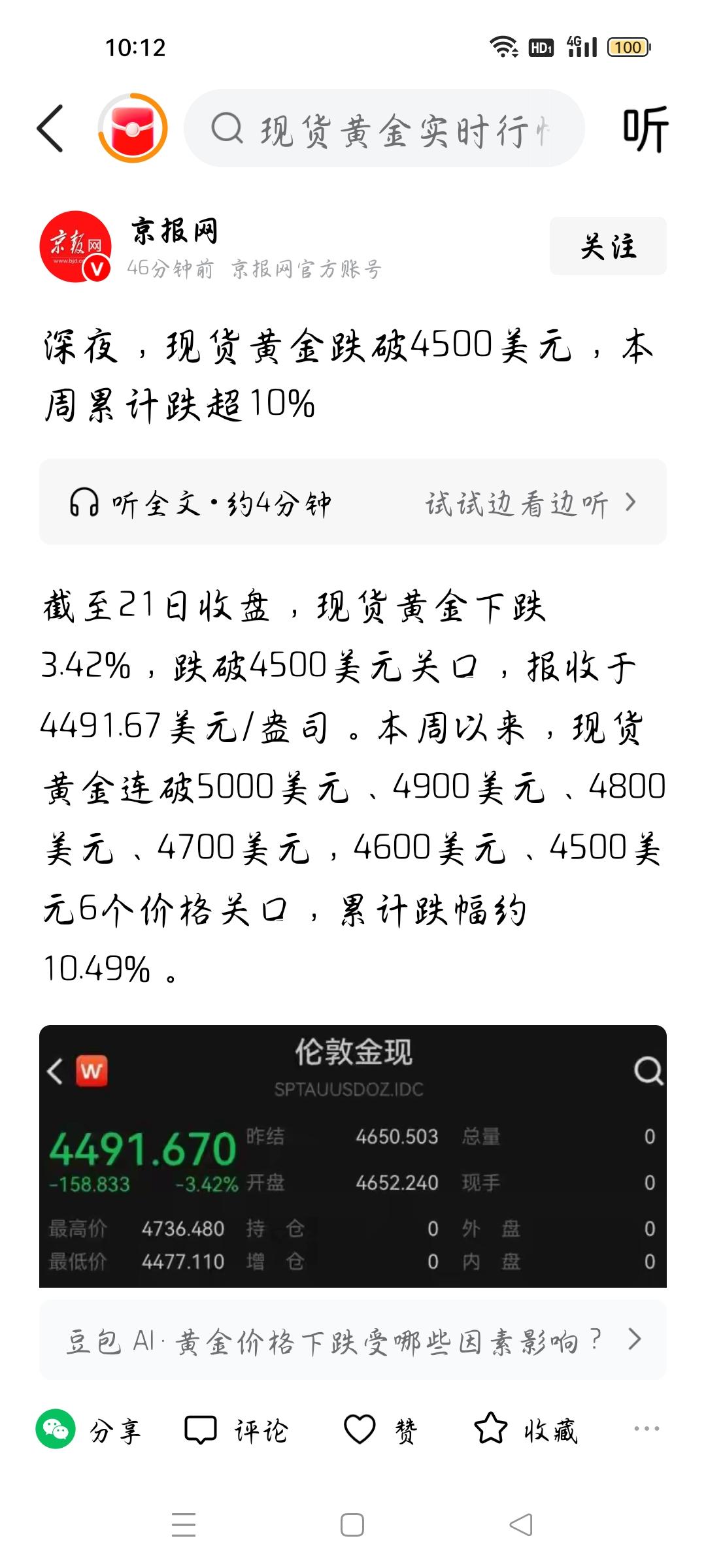 现货黄金跌破4500美元，我想说
据京报网报道，截至21日收盘，现货黄金下跌3.