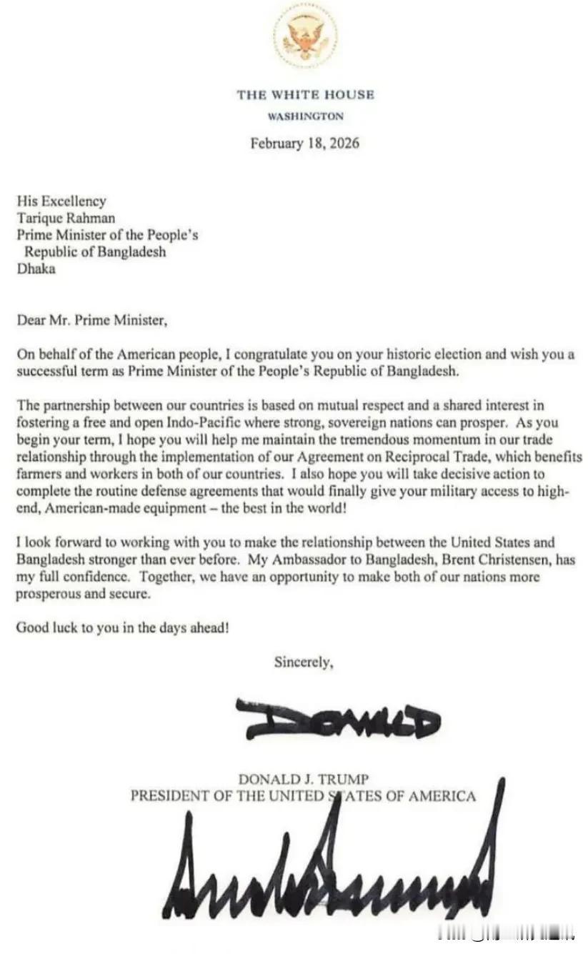 《印度时报》、孟《每日星报》2月20日报道，美总统特朗普致函祝贺塔里克·拉赫曼（