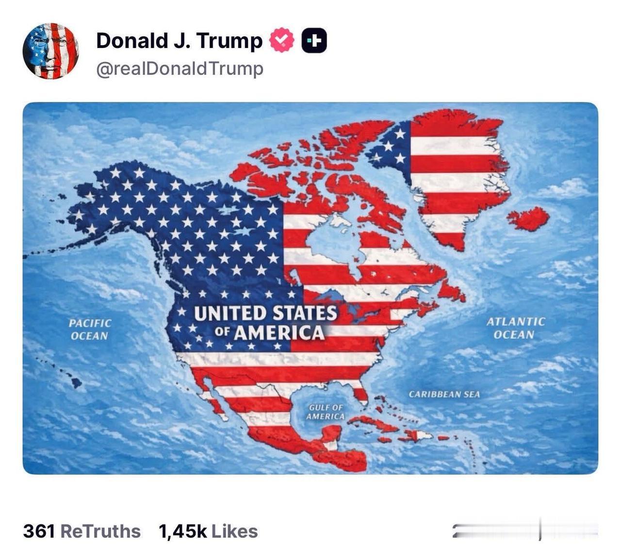 这是特朗普发布的最新美国地图，不仅把加拿大变成了美国的一部分，连墨西哥等多个中美