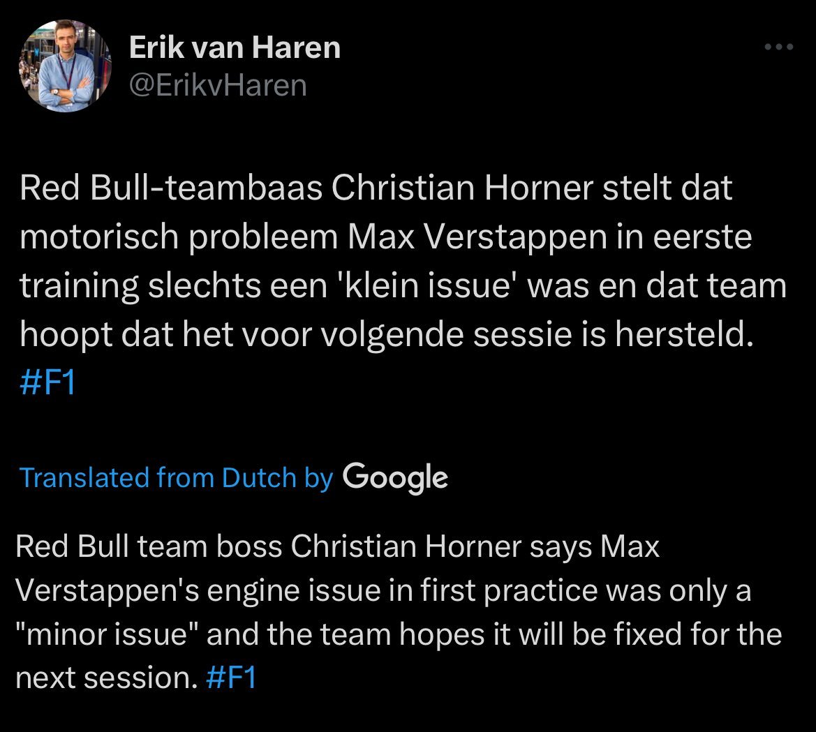 维斯塔潘在FP1遇到的引擎状况只是一个小问题，车队将及时修复出战下一节练习。底板