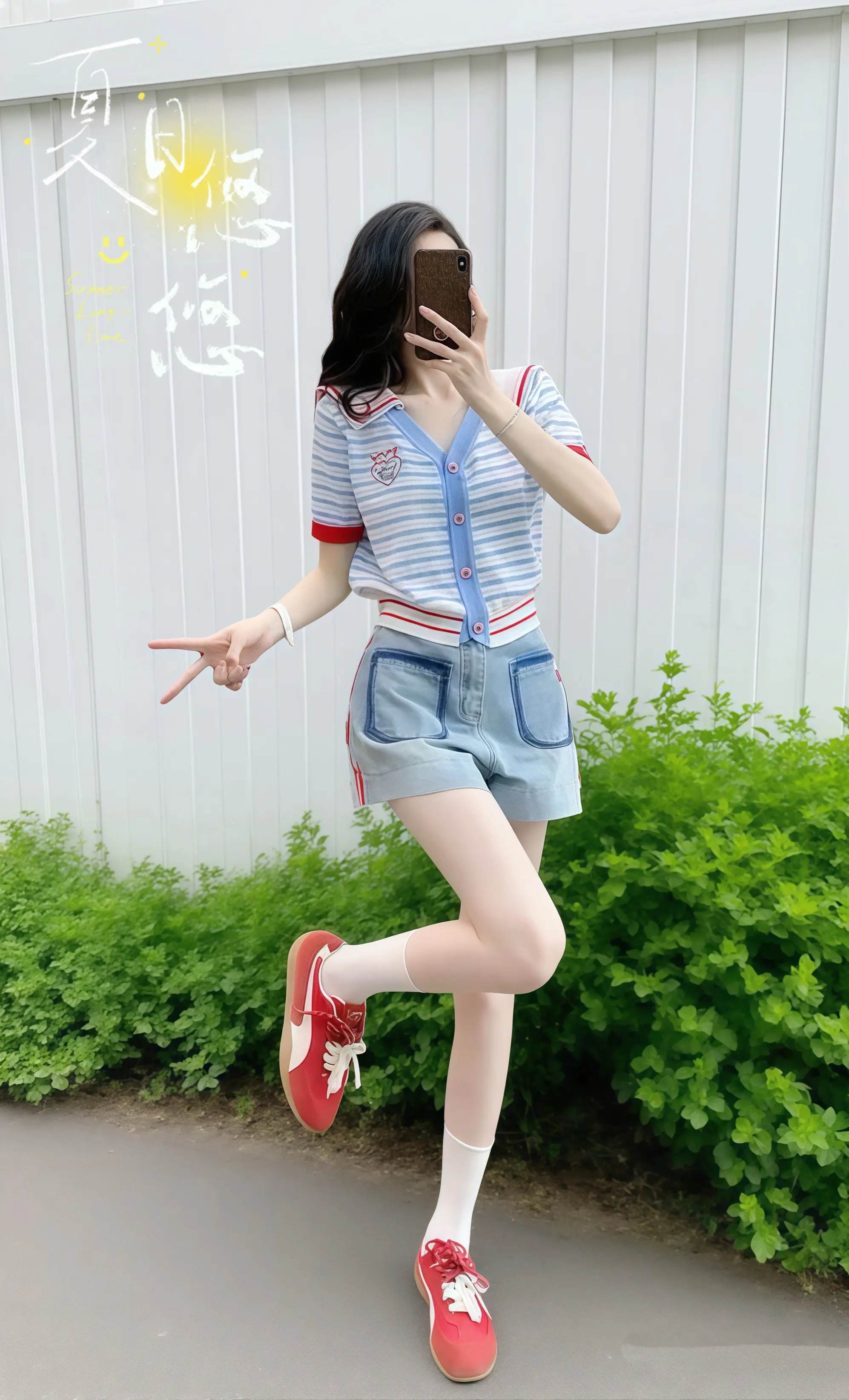 这套夏季学院风穿搭太绝啦！条纹海军领针织衫甜美减龄，牛仔短裤显高又显瘦...