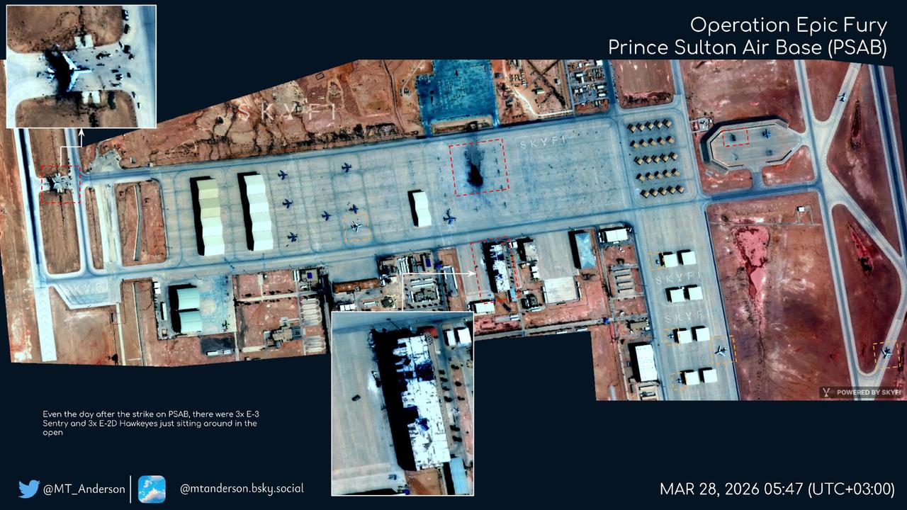 外媒于3月28日上午发布的高清图像清晰地展示了沙特苏丹王子空军基地在3月27日凌