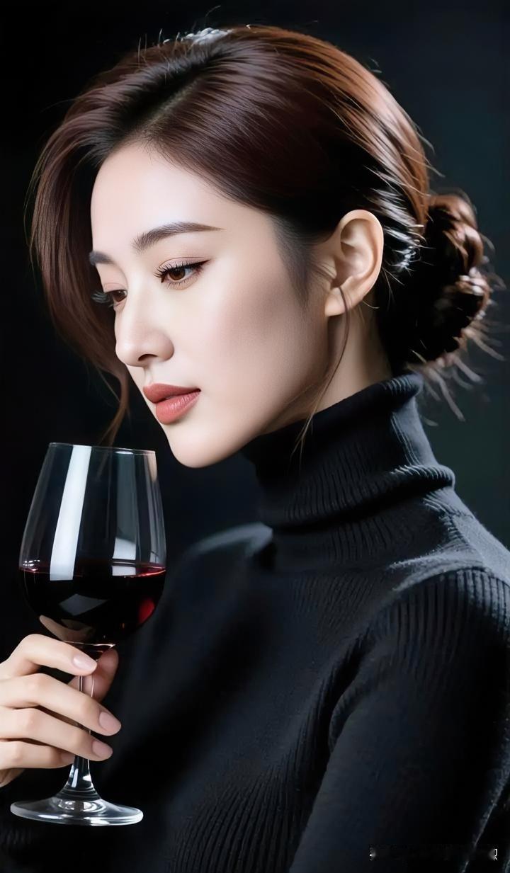 黑色高领毛衣衬托沉静气质，微醺酒红在光影中流转，优雅侧颜诠释着时光的温柔。