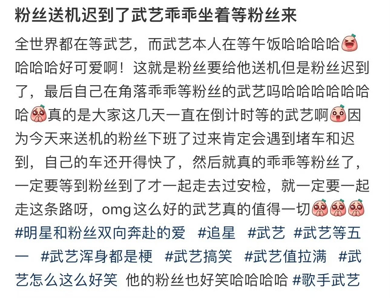 武艺等迟到的送机粉丝 粉丝送机迟到了，武艺坐在那乖乖的等，远看好乖但又有点心酸哈