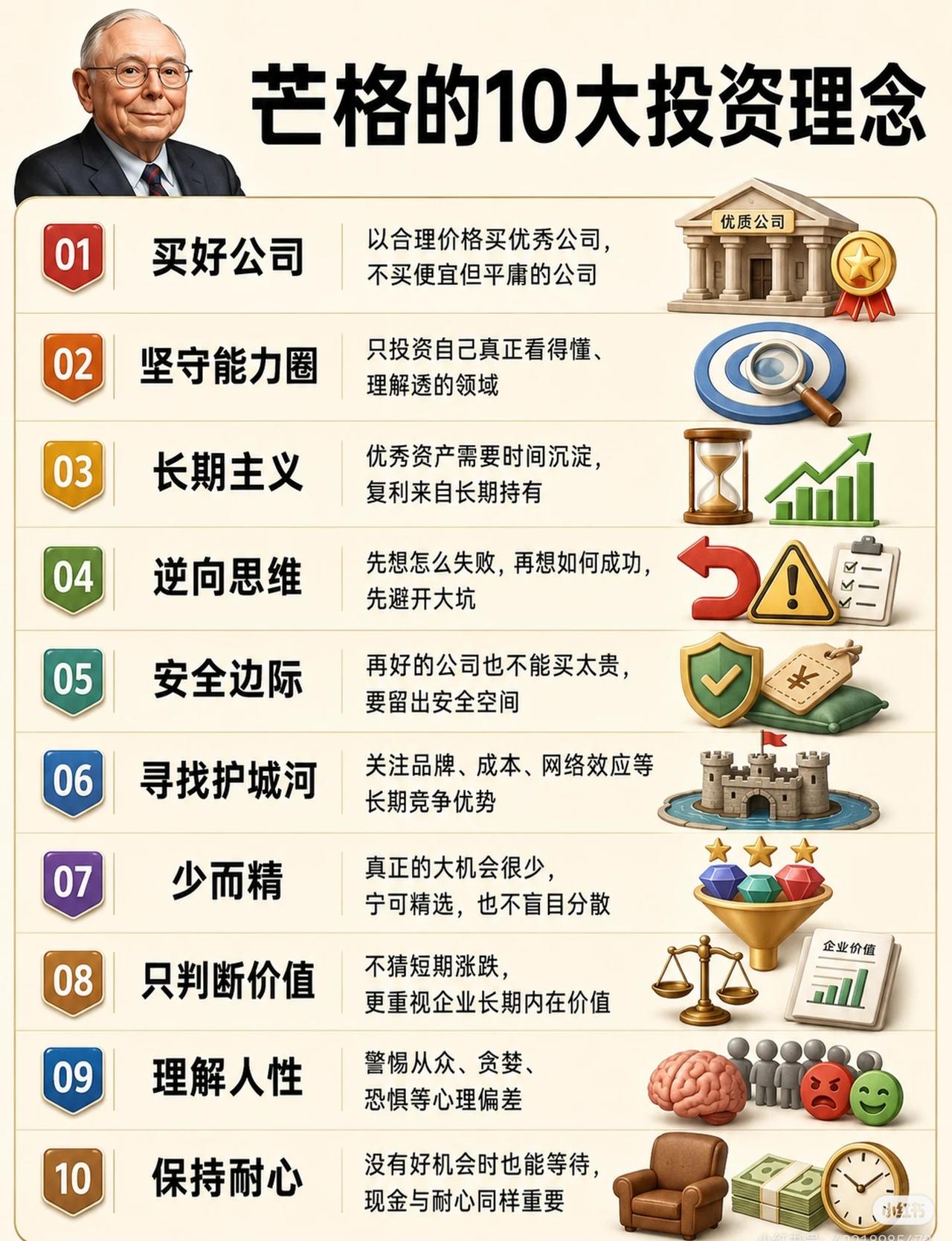 查理·芒格（Charlie Munger）的智慧结晶——十大投资理念，凝练如下：