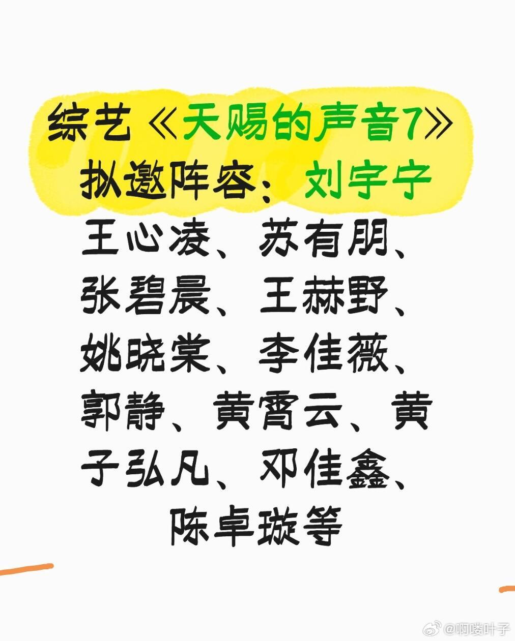 综艺《天赐的声音7》阵容浙江卫视《天赐的声音》暂定4月录制拟邀阵容：刘宇宁 王心