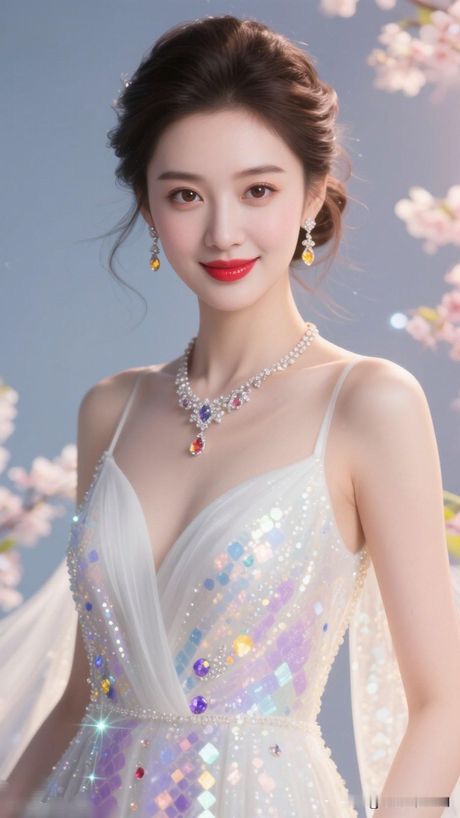 梦幻仙境中的优雅女神，闪耀的珠宝与花海相映成趣。