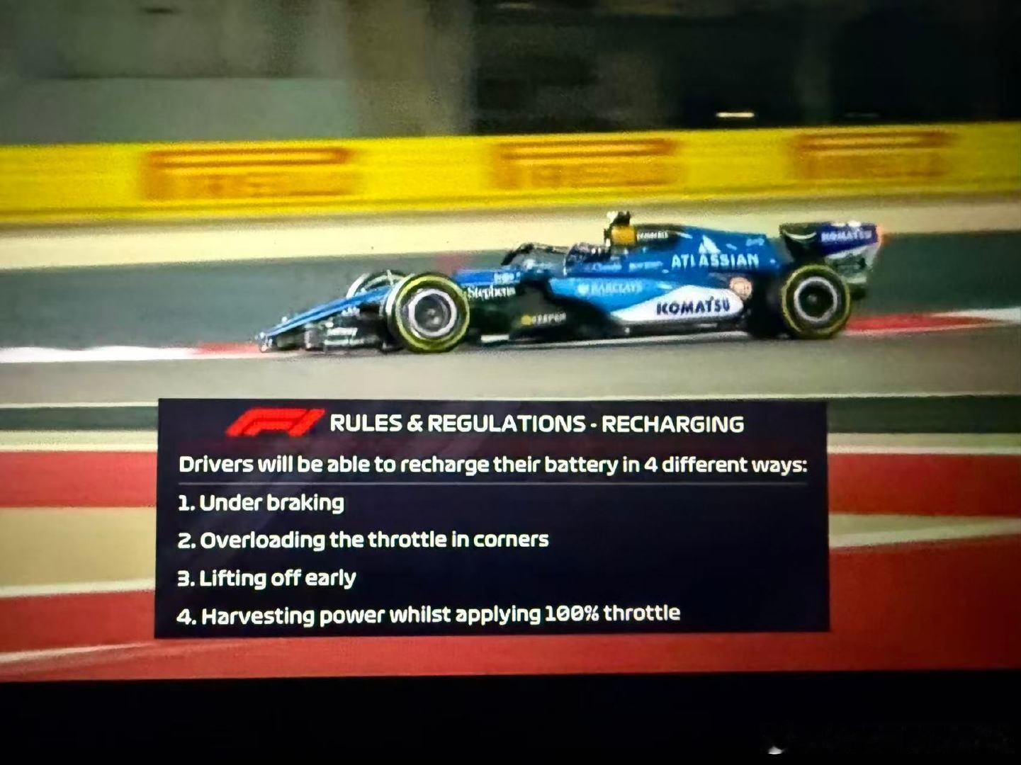 F1 车手可以通过四种不同方式为电池充电：1️⃣ 刹车时回收能量2️⃣ 在弯中增