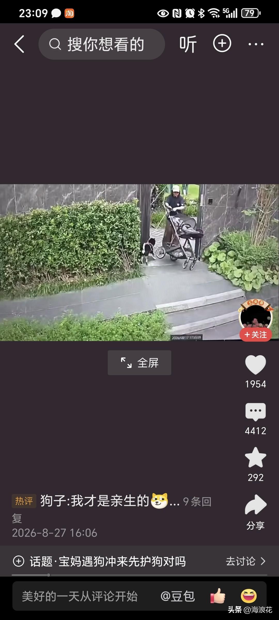 宝妈推着婴儿车带娃遛狗，突然看到没有栓绳的大狗跑过来，吓得她赶紧把自己的狗拉到身