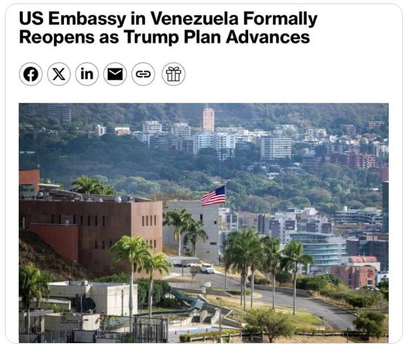 【据彭博社报道，美国已正式重开其驻委内瑞拉大使馆。 作为两国关系正常化努力的一部