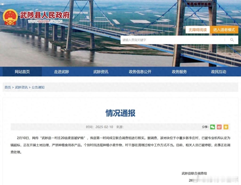 河南一村20亩麦苗被铲除？官方通报！如果真是河南省武陟县联合调查组发布情况通报中