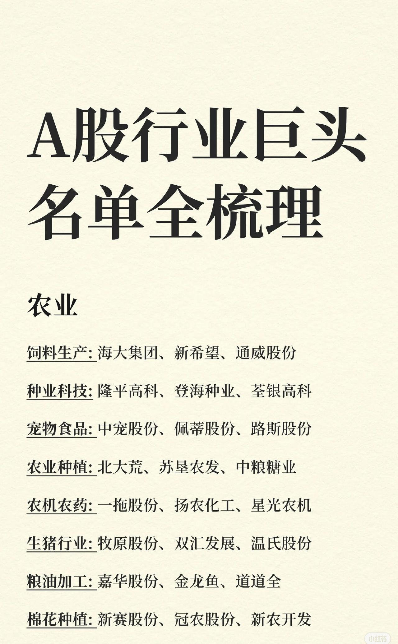 这张A股行业巨头名单梳理涵盖多领域：

- 农业：含饲料生产、种业科技等8个子行