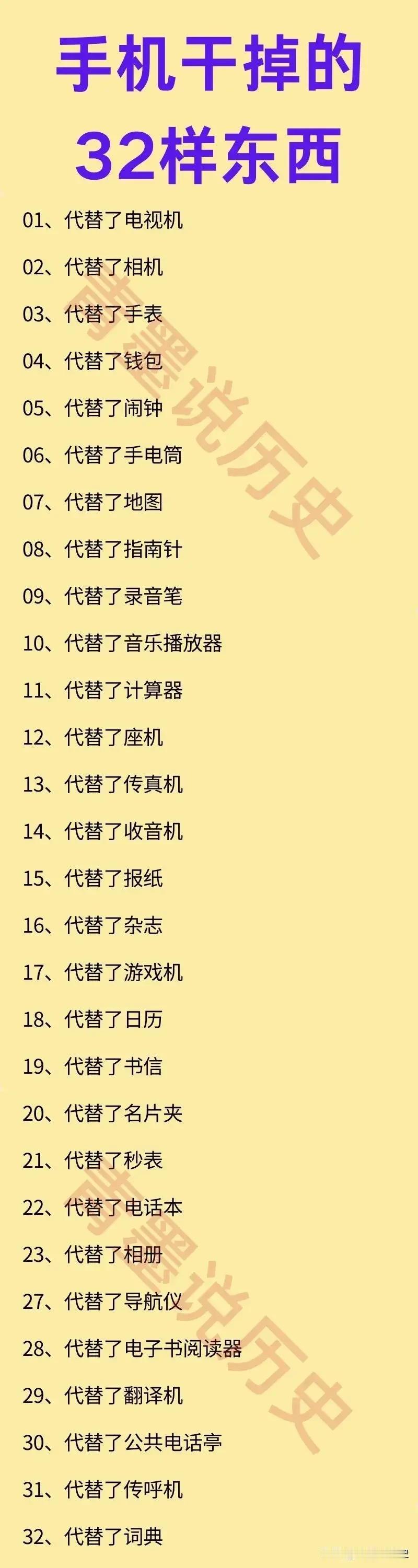 手机究竟取代了哪些东西？

严格来说，手机只是同时具备了这些产品的功能，并非完全