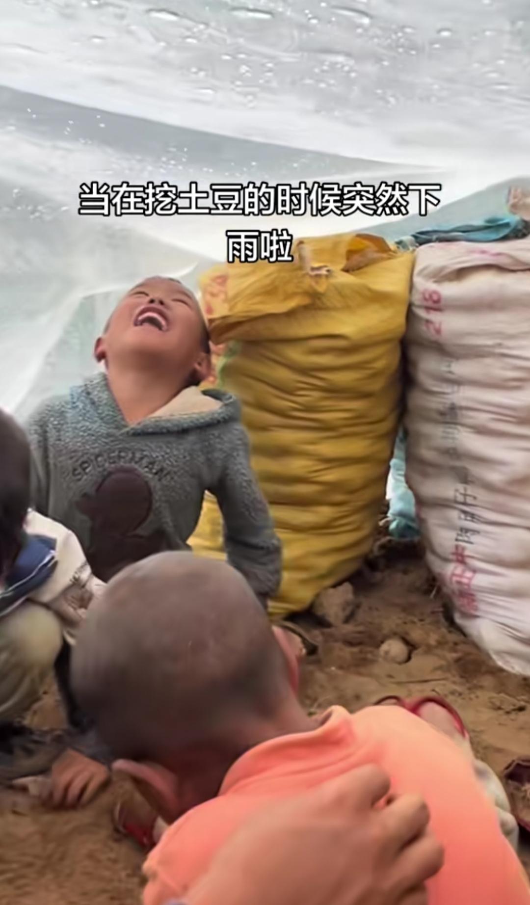本来安安静静在地里挖土豆，
谁也没料到天上忽然落起大雨。
 
手边没有雨伞，
只