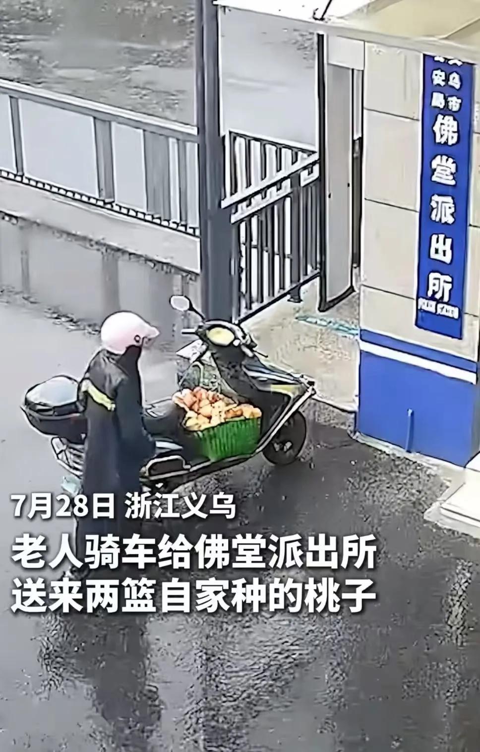 “警民一家亲！”浙江义乌，大爷冒雨骑电瓶车给派出所民警送去两篮自家种的桃子，把民