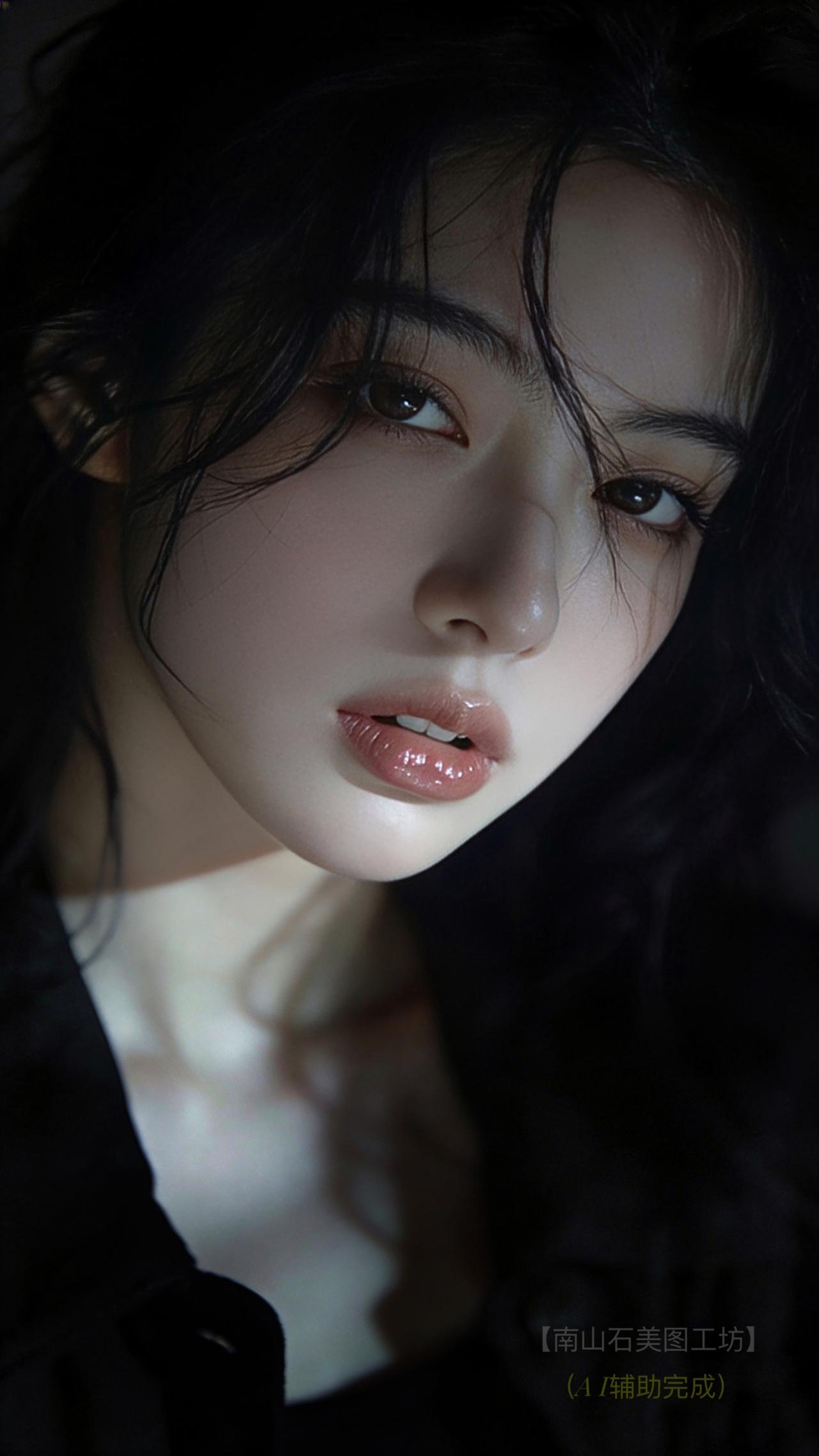 暗夜流光裹挟间，她如星芒破雾而来。发丝随息轻颤似墨浪翻涌，眼含春水漾开澄澈柔光，