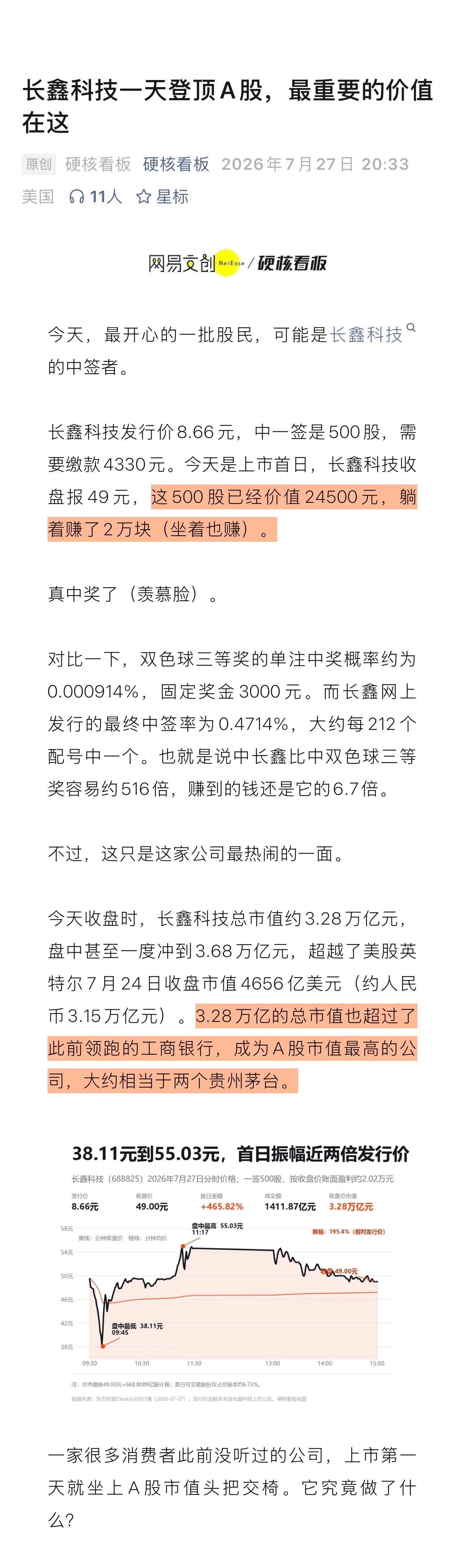 长鑫科技为什么能一天登顶A股7月27日，长鑫科技上市，其中签股民成为最幸运的投资