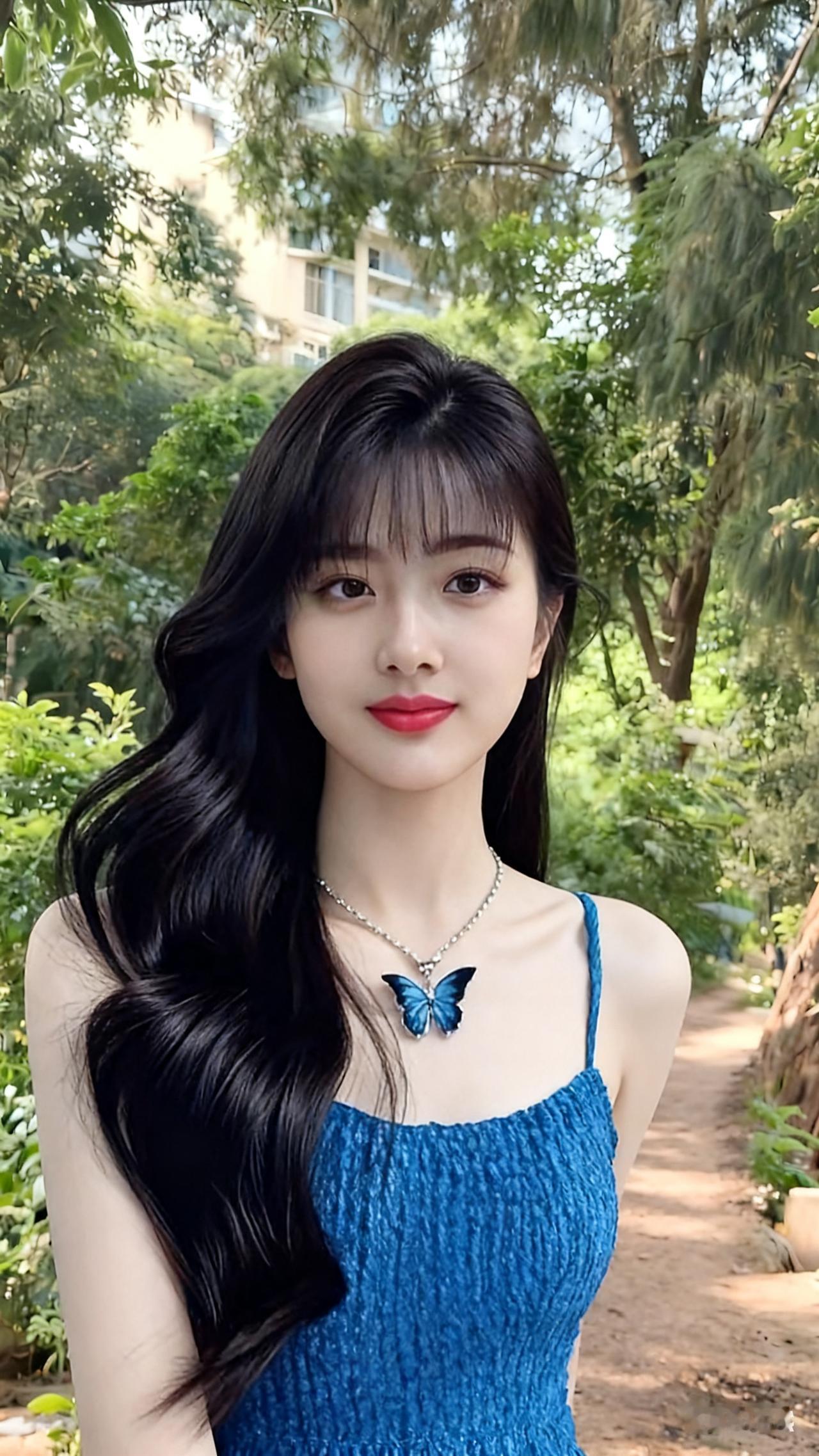 蓝裙女性，蓝色连衣裙带荷叶边，修身又飘逸，配白色高跟鞋，简约配饰点缀，美成一道风