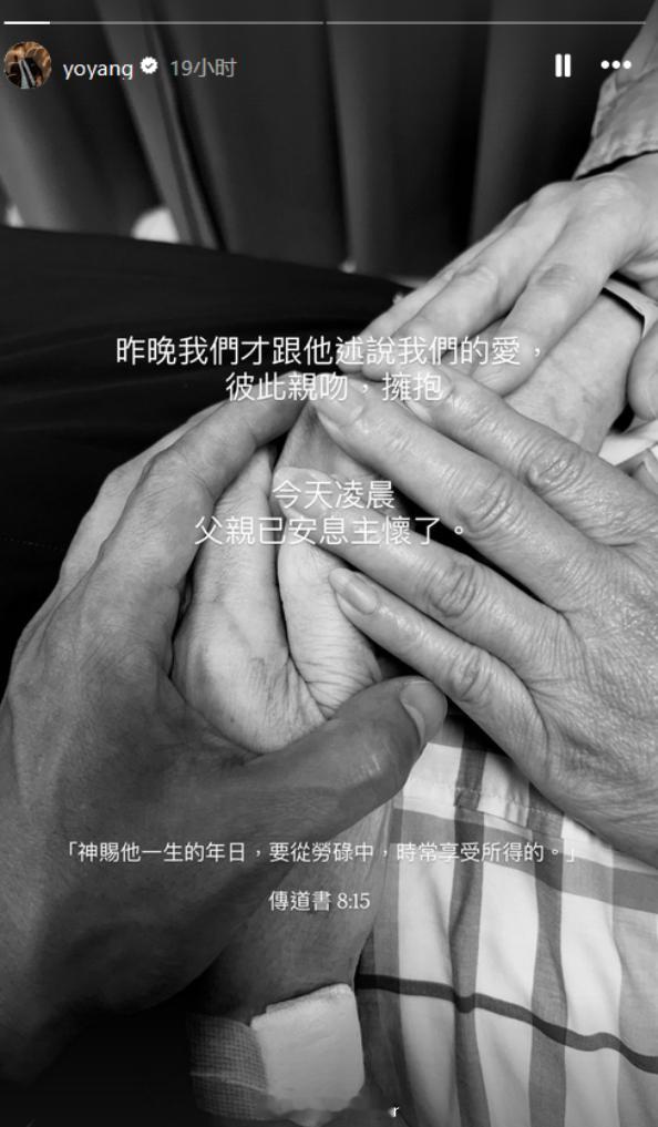 杨祐宁父亲去世杨祐宁悼念父亲 12日凌晨，演员通过社交媒体发布有关父亲去世消息，