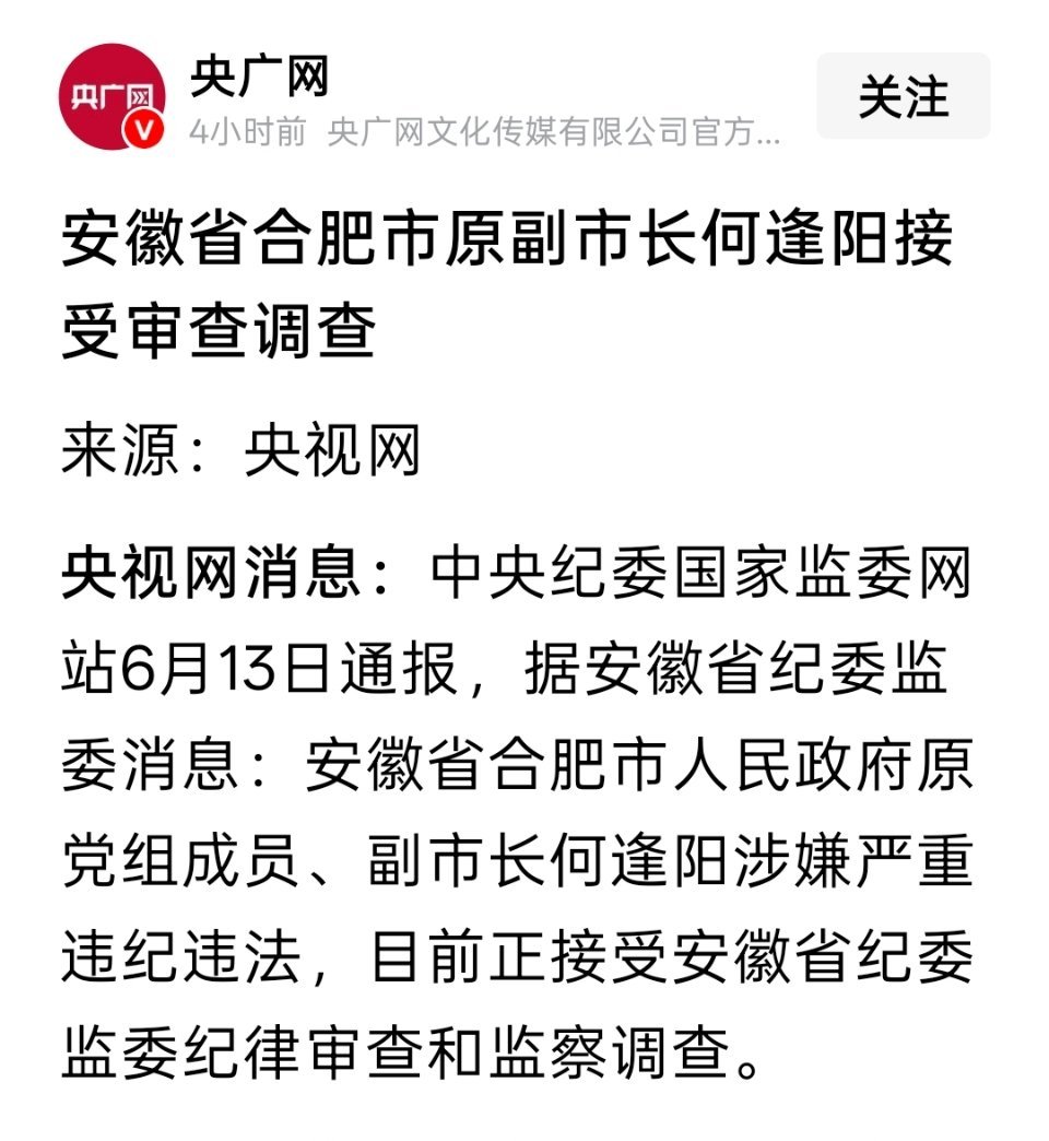安徽省合肥市原副市长何逢阳被查 