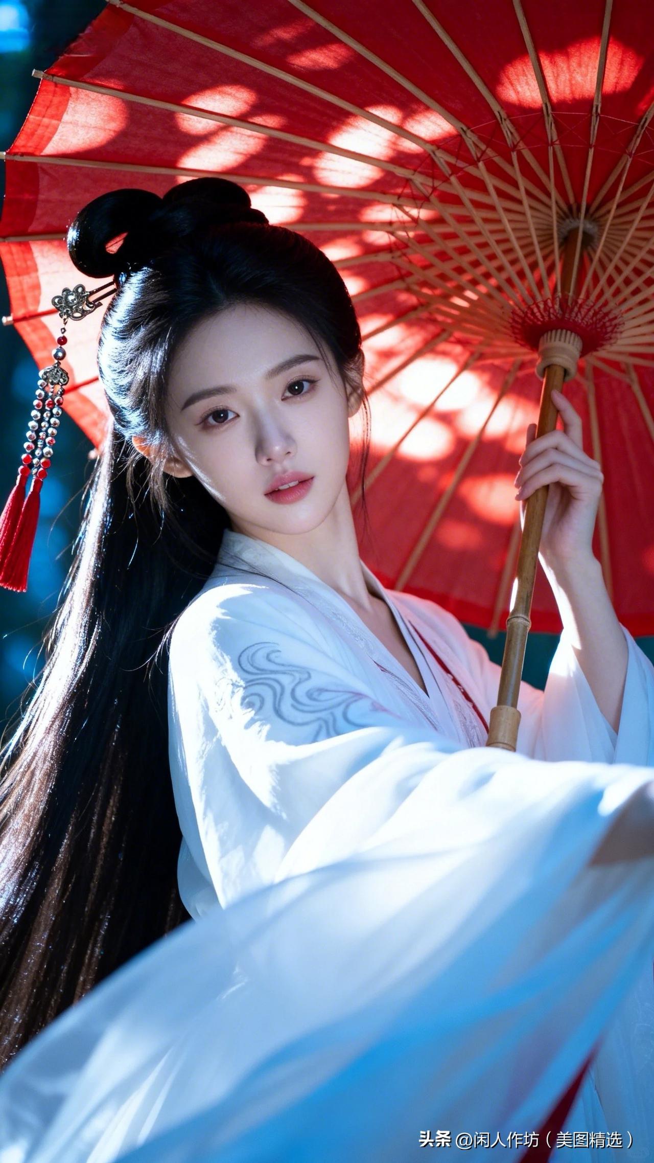 一袭白衣胜雪，一把红伞似火