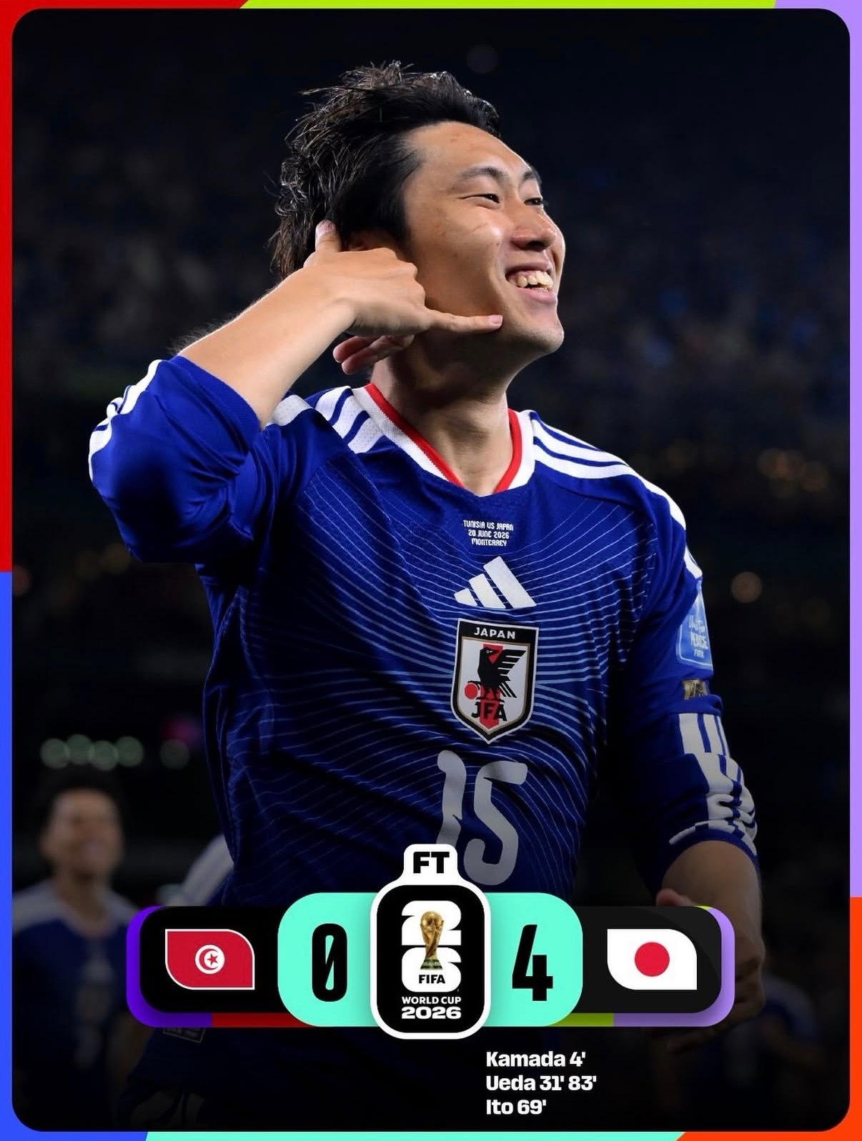 突尼斯0比4日本 日本队成为第一支在世界杯单场比赛打进四球的亚洲球队，太羡慕嫉妒