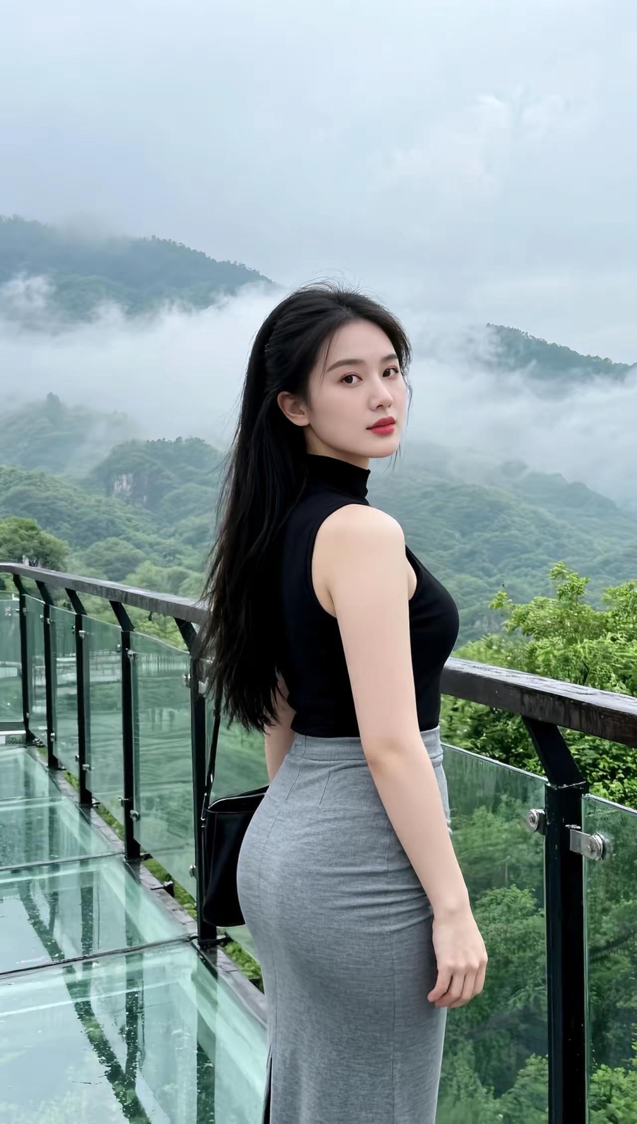 云雾缭绕的山间，黑衣少女倚栏远眺，静谧如画。